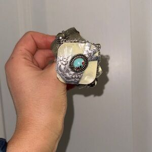 Silver and Cream Cuff Bracelet with Turquoise Accent